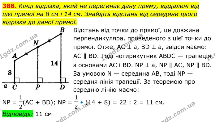 388. Кінці відрізка, який не перегинає дану пряму, віддалені від — ГДЗ Геометрія 8 клас Мерзляк