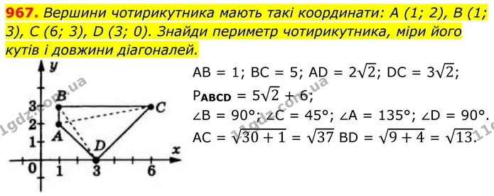 967. Вершини чотирикутника мають такі координати: А (1; 2), В (1; 3), C (6; 3), D (3; 0). Знайди периметр чотирикутника, міри його — ГДЗ Геометрія 8 клас Бевз