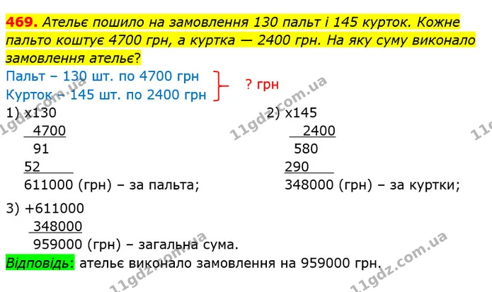 469. Ательє пошило на замовлення 130 пальт і 145 курток. Кожне пальто коштує 4700 грн, а куртка — 2400 грн. На яку суму виконало — ГДЗ Математика 4 клас Оляницька