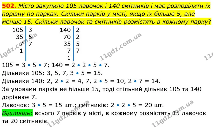 502. Місто закупило 105 лавочок і 140 смітників і має розподілити їх порівну по парках. Скільки парків у місті, якщо їх більше 5, але — ГДЗ Математика 6 клас Бевз 1-2 ч.