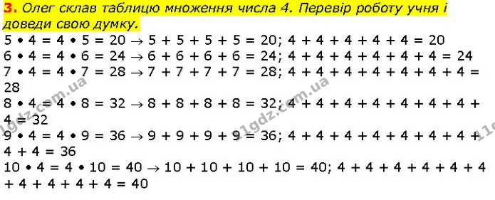 3. Олег склав таблицю множення числа 4. Перевір роботу учня і доведи свою думку. — ГДЗ Математика 2 клас Скворцова