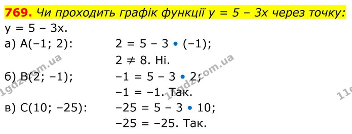 769. Чи проходить графік функції у = 5 – 3х через точку: — ГДЗ Алгебра 7 клас Бевз