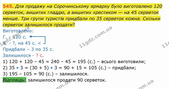 545. Для продажу на Сорочинському ярмарку було виготовлено 120 серветок, вишитих гладдю, а вишитих хрестиком — на 45 серветок менше — ГДЗ Математика 4 клас Оляницька