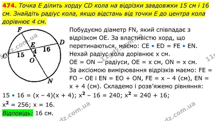 474. Точка E ділить хорду CD кола на відрізки завдовжки 15 см і 16 см. Знайдіть радіус кола, якщо відстань від точки E до центра кола — ГДЗ Геометрія 8 клас Мерзляк