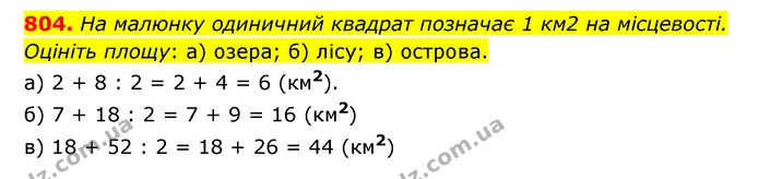 804. На малюнку одиничний квадрат позначає 1 км2 на місцевості. Оцініть площу: а) озера; б) лісу; в) острова. — ГДЗ Математика 5 клас Бевз