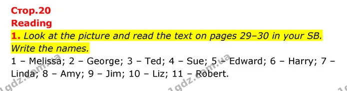 1. Look at the picture and read the text on pages 29–30 in your SB. Write the names. — ГДЗ Робочий зошит Англійська мова 6 клас Карпюк