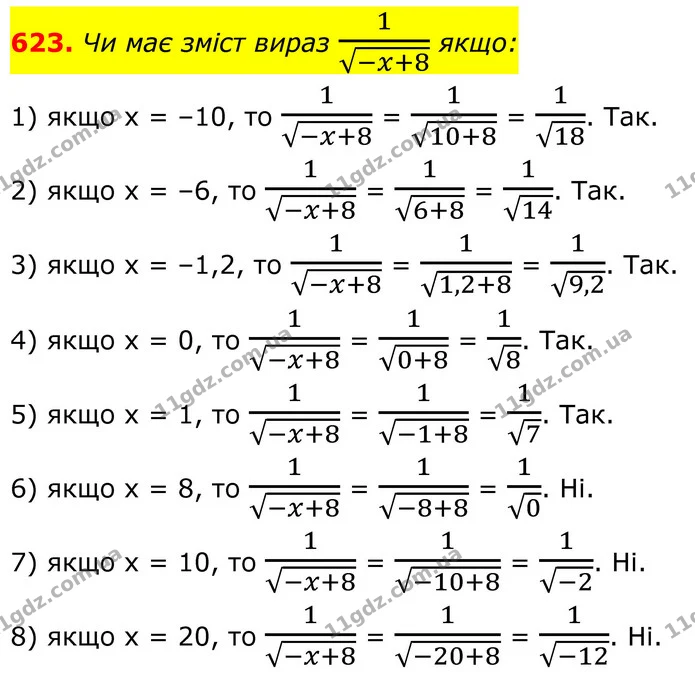623. Чи має зміст вираз 1-x+8 якщо: — ГДЗ Алгебра 8 клас Тарасенкова