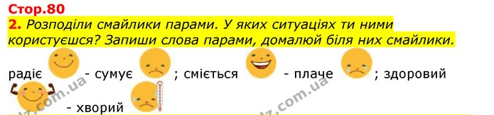 2. Розподіли смайлики парами. У яких ситуаціях ти ними користуєшся? Запиши слова парами, домалюй біля них смайлики. — ГДЗ Українська мова 2 клас Большакова 1 ч. - 2 ч.
