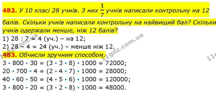 482. У 10 класі 28 учнів. З них 17 учнів написали контрольну на 12 балів. Скільки учнів написали контрольну на найвищий бал? Скільки — ГДЗ Математика 4 клас Бевз 1 та 2 частини