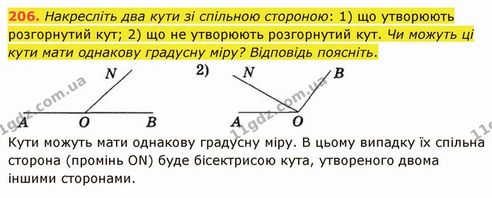 206. Накресліть два кути зі спільною стороною: 1) що утворюють розгорнутий кут; 2) що не утворюють розгорнутий кут. Чи можуть ці кути — ГДЗ Математика 5 клас Тарасенкова 2022