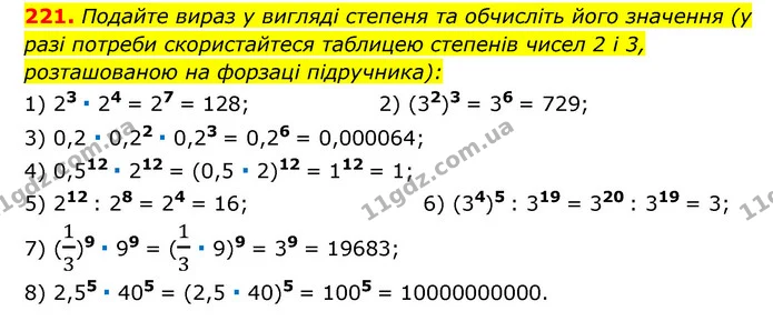 221. Подайте вираз у вигляді степеня та обчисліть його значення (у разі потреби скористайтеся таблицею степенів чисел 2 і 3 — ГДЗ Алгебра 7 клас Мерзляк, Полонський 2015