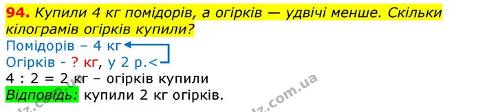 94. Купили 4 кг помідорів, а огірків — удвічі менше. Скільки кілограмів огірків купили? — ГДЗ Математика 3 клас Листопад 1-2 ч.