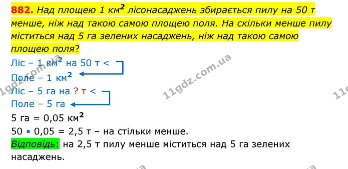 882. Над площею 1 км2 лісонасаджень збирається пилу на 50 т менше, ніж над такою самою площею поля. На скільки менше пилу міститься над — ГДЗ Математика 6 клас Істер 2023 1-2 ч.