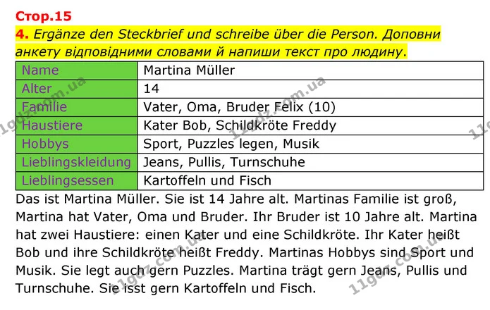 4. Ergänze den Steckbrief und schreibe über die Person. Доповни анкету відповідними словами й напиши текст про людину. — ГДЗ Робочий зошит Німецька мова 6 клас Гоголєва