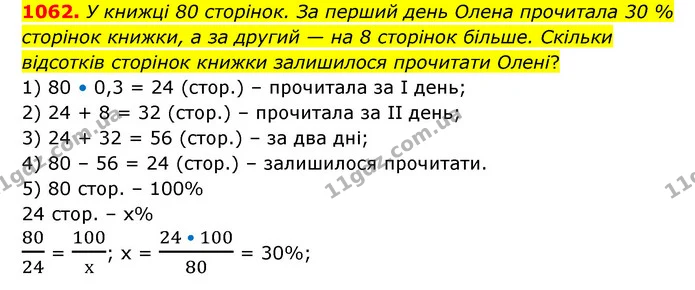 1062. У книжці 80 сторінок. За перший день Олена прочитала 30 % сторінок книжки, а за другий — на 8 сторінок більше. Скільки відсотків — ГДЗ Математика 6 клас Кравчук 2023