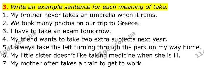 3. Write an example sentence for each meaning of take. — ГДЗ Англійська мова 7 клас Коста