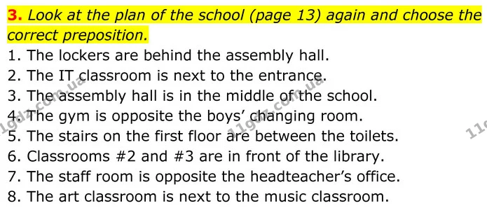 3. Look at the plan of the school (page 13) again and choose the correct preposition. — ГДЗ Англійська мова 8 клас Карпюк 2025