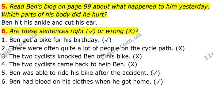 5. Read Ben’s blog on page 99 about what happened to him yesterday. Which parts of his body did he hurt? — ГДЗ Англійська мова 7 клас Коста