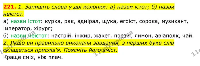 221. 1. Запишіть слова у дві колонки: а) назви істот; б) назви неістот. — ГДЗ Відповіді Українська мова 6 клас Єрмоленко