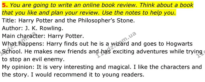 5. You are going to write an online book review. Think about a book that you like and plan your review. Use the notes to help you. — ГДЗ робочий зошит Англійська мова 8 клас Гарет Джонс 2025