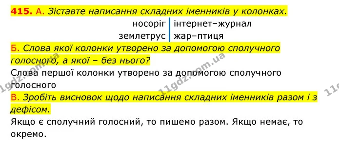 415. А. Зіставте написання складних іменників у колонках. — ГДЗ Українська мова 6 клас Заболотний 2023