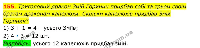 155. Триголовий дракон Змій Горинич придбав собі та трьом своїм братам драконам капелюхи. Скільки капелюхів придбав Змій Горинич? — ГДЗ Математика 3 клас Бевз 1 частина