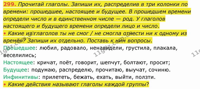 299. Прочитай глаголы. Запиши их, распределив в три колонки по времени: прошедшее, настоящее и будущее. В прошедшем времени определи — ГДЗ Русский язык и чтение 4 класс Лапшина 1 ч.