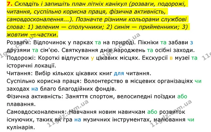 7. Складіть і запишіть план літніх канікул (розваги, подорожі, читання, суспільно корисна праця, фізична активність — ГДЗ Українська мова 6 клас Авраменко