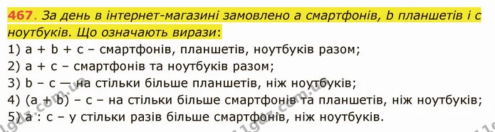467. За день в інтернет–магазині замовлено а смартфонів, b планшетів і с ноутбуків. Що означають вирази: — ГДЗ Математика 5 клас Істер 2022