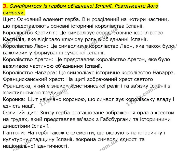 3. Ознайомтеся із гербом об’єднаної Іспанії. Розтлумачте його символи. — ГДЗ Всесвітня історія 7 клас Щупак