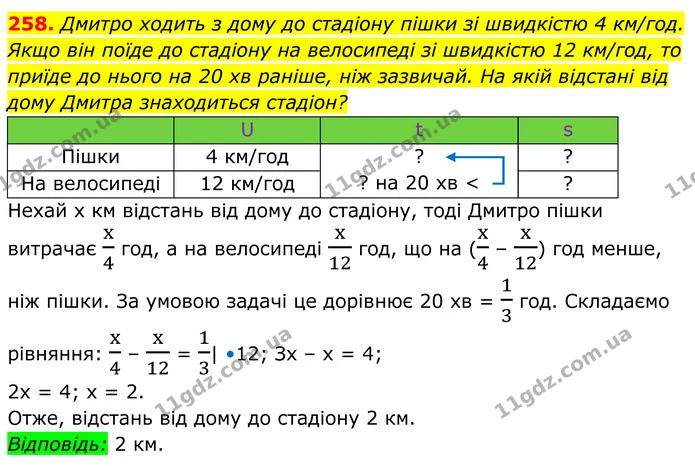 258. Дмитро ходить з дому до стадіону пішки зі швидкістю 4 км/год. Якщо він поїде до стадіону на велосипеді зі швидкістю 12 км/год, то — ГДЗ Алгебра 8 клас Мерзляк