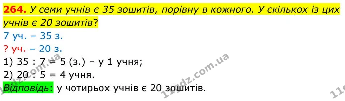 264. У семи учнів є 35 зошитів, порівну в кожного. У скількох із цих учнів є 20 зошитів? — ГДЗ Математика 4 клас Листопад