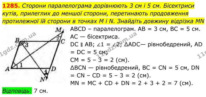 1285. Сторони паралелограма дорівнюють 3 см і 5 см. Бісектриси кутів, прилеглих до меншої сторони, перетинають продовження протилежної — ГДЗ Геометрія 8 клас Бурда