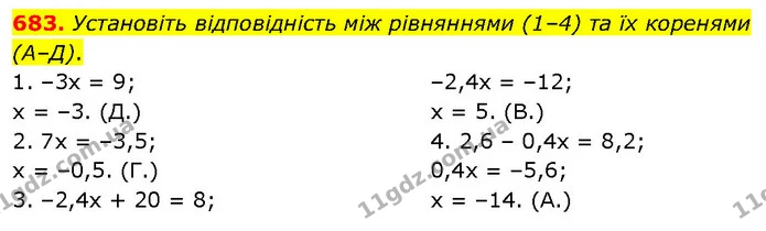 683. Установіть відповідність між рівняннями (1–4) та їх коренями (А–Д). — ГДЗ Математика 6 клас Бевз 1-2 ч.