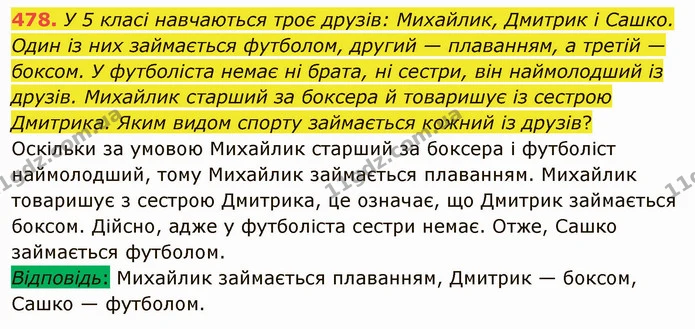 478. У 5 класі навчаються троє друзів: Михайлик, Дмитрик і Сашко. Один із них займається футболом, другий — плаванням, а третій — — ГДЗ Математика 5 клас Мерзляк