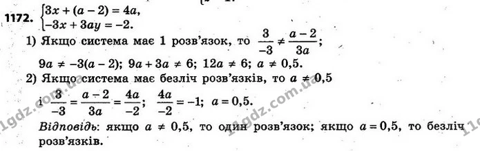 1172. Скільки розв’язків має система рівнянь залежно від — ГДЗ Алгебра 7 клас Кравчук 2015