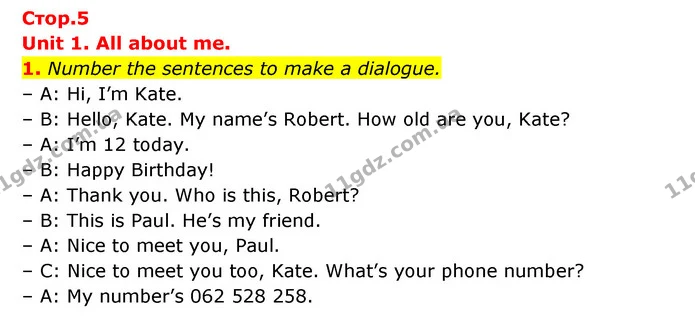 1. Number the sentences to make a dialogue. — ГДЗ Робочий зошит Англійська мова 5 клас Косован (Дж. Коста)