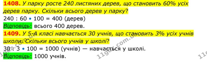 1408. У парку росте 240 листяних дерев, що становить 60% усіх дерев парку. Скільки всього дерев у парку? — ГДЗ Математика 5 клас Кравчук