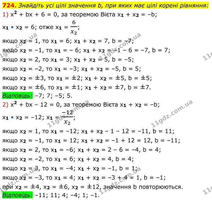 724. Знайдіть усі цілі значення b, при яких має цілі корені рівняння: — ГДЗ Алгебра 8 клас Мерзляк