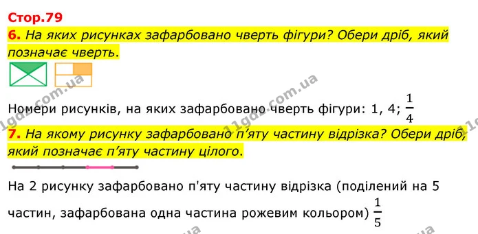 6. На яких рисунках зафарбовано чверть фігури? Обери дріб, який позначає чверть. — ГДЗ Математика 3 клас Скворцова 1-2 ч.