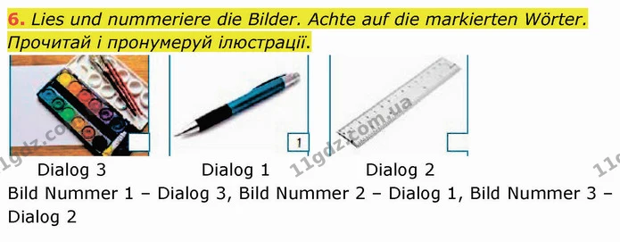 6. Lies und nummeriere die Bilder. Achte auf die markierten Wörter. Прочитай і пронумеруй ілюстрації. — ГДЗ Німецька мова 5 клас Сотникова (1 рік)