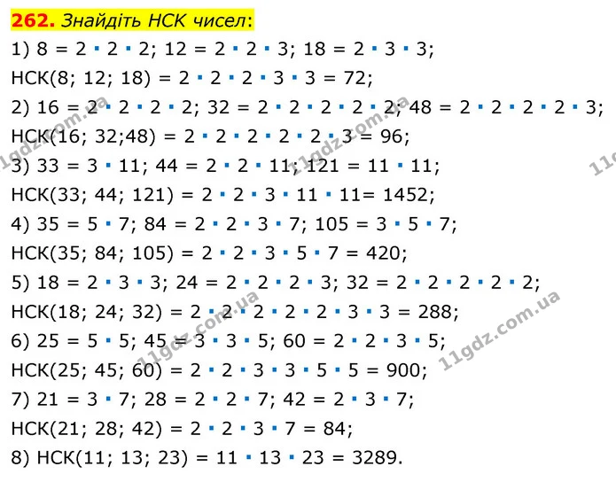 262. Знайдіть HCK чисел: — ГДЗ Математика 6 клас Тарасенкова 2023 1-2 ч.