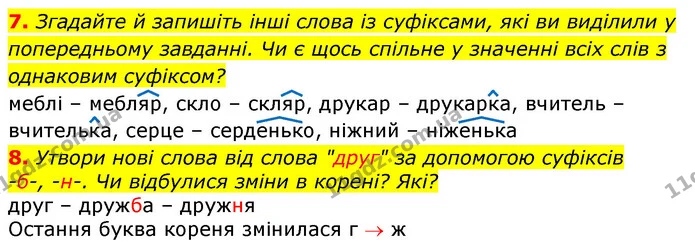 7. Згадайте й запишіть інші слова із суфіксами, які ви виділили у попередньому завданні. Чи є щось спільне у значенні всіх слів з — ГДЗ Українська мова та читання 3 клас Остапенко 1-2 ч.