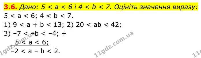3.6. Дано: 5 < a < 6 і 4 < b < 7. Оцініть значення виразу: — ГДЗ Алгебра 9 клас Мерзляк 2026