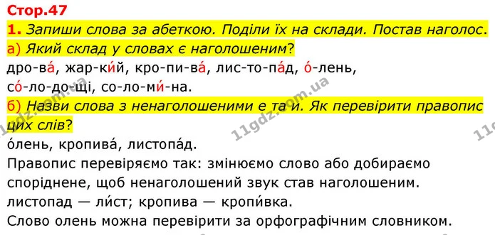 1. Запиши слова за абеткою. Поділи їх на склади. Постав наголос. — ГДЗ Українська мова та читання 4 клас Большакова