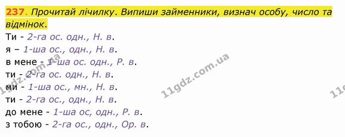 237. Прочитай лічилку. Випиши займенники, визнач особу, число та відмінок. — ГДЗ Українська мова та читання 4 клас Захарійчук