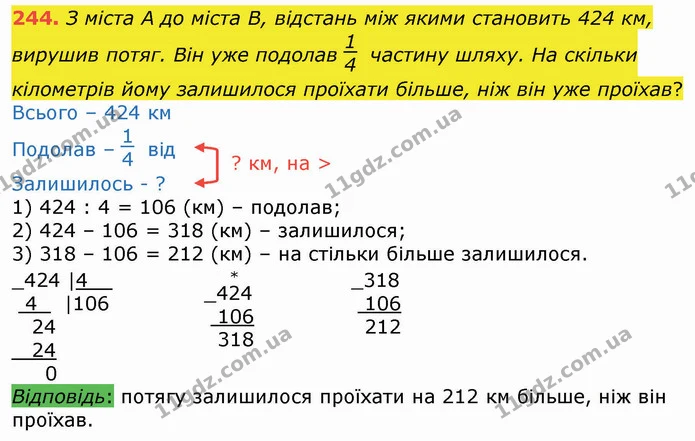 244. З міста А до міста В, відстань між якими становить 424 км, вирушив потяг. Він уже подолав частину шляху. На скільки кілометрів — ГДЗ Математика 4 клас Оляницька