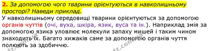 2. За допомогою чого тварини орієнтуються в навколишньому просторі? Наведи приклад. — ГДЗ Природознавство 5 клас Коршевнюк