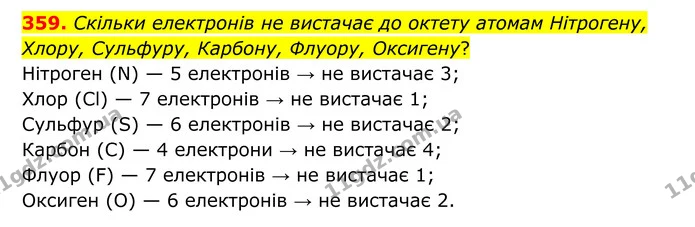 359. Скільки електронів не вистачає до октету атомам Нітрогену, Хлору, Сульфуру, Карбону, Флуору, Оксигену? — ГДЗ Хімія 8 клас Григорович