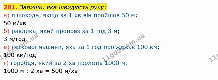 281. Запиши, яка швидкість руху: — ГДЗ Математика 4 клас Заїка